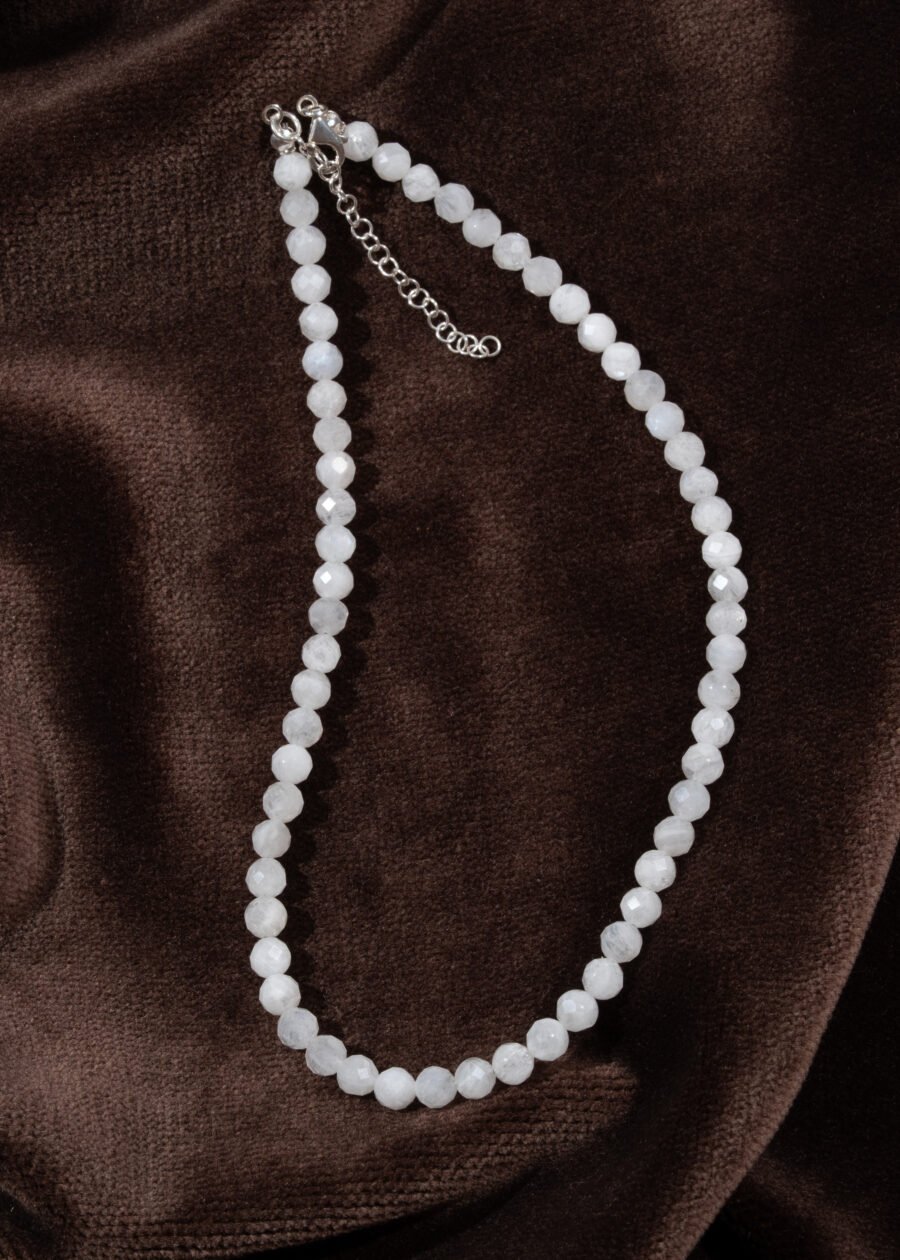 6mm Faset Kesim Ay Taşı Doğal Taş Gümüş Kolye