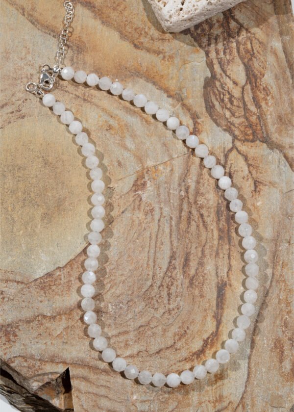 6mm Faset Kesim Ay Taşı Doğal Taş Gümüş Kolye