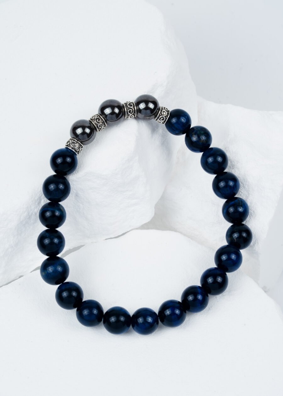 8mm Mavi Kaplan Gözü & Hematit Doğal Taş Bileklik
