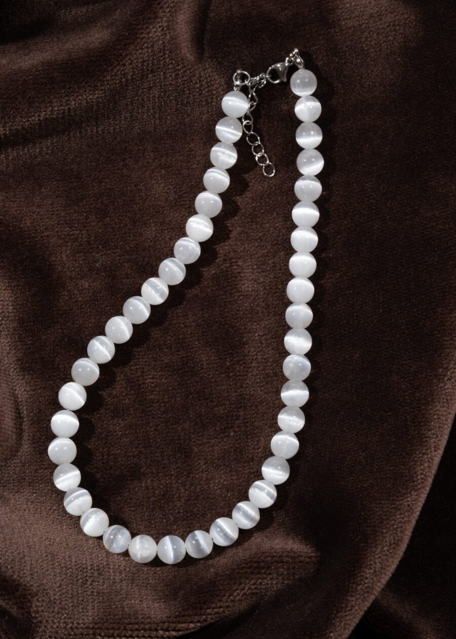 8mm Selenit Doğal Taş Gümüş Kolye