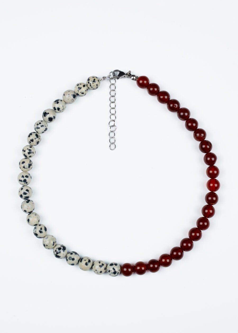 8mm Benekli Jasper & Karnelyan Akik Doğal Taş Gümüş Kolye