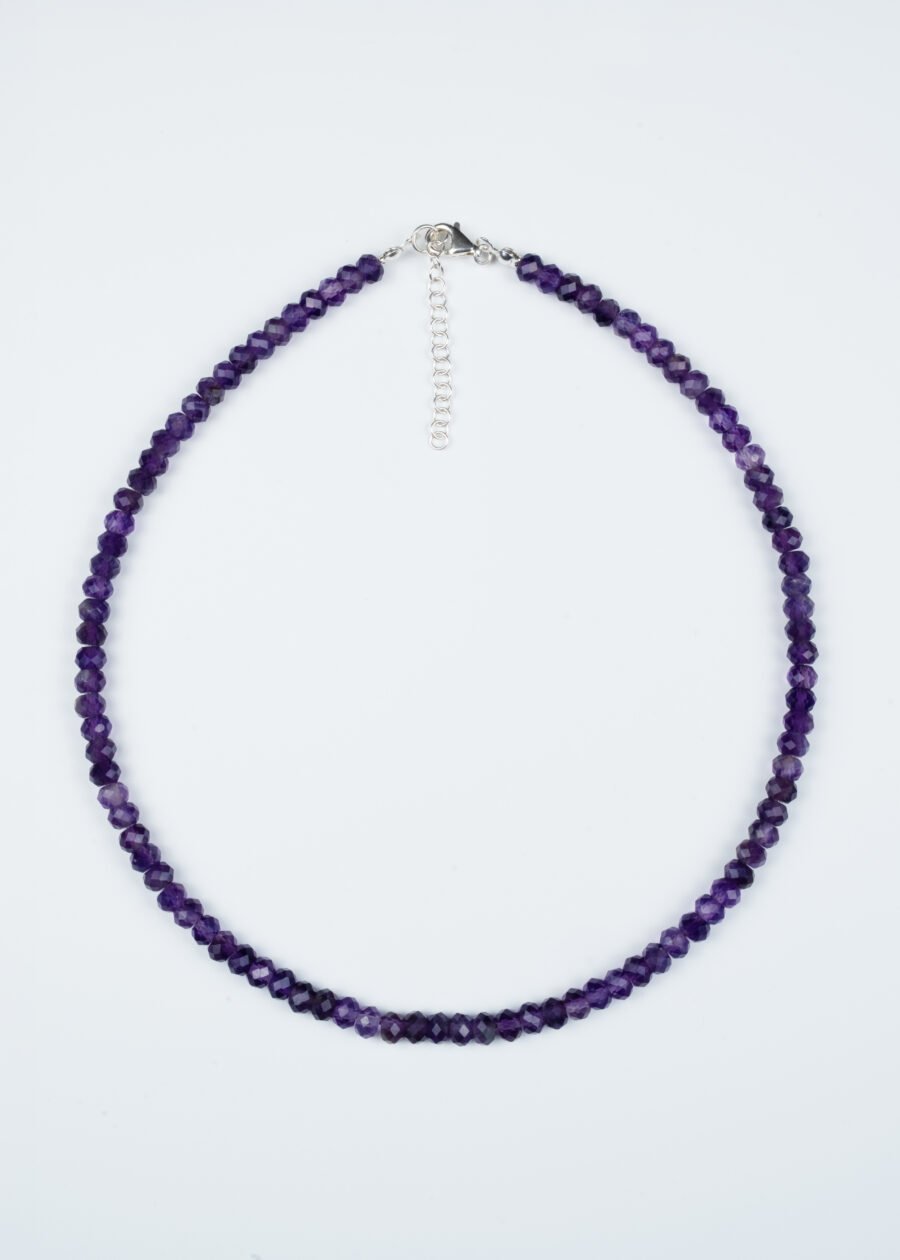 6mm Rondel Faset Kesim Ametist Doğal Taş Gümüş Kolye