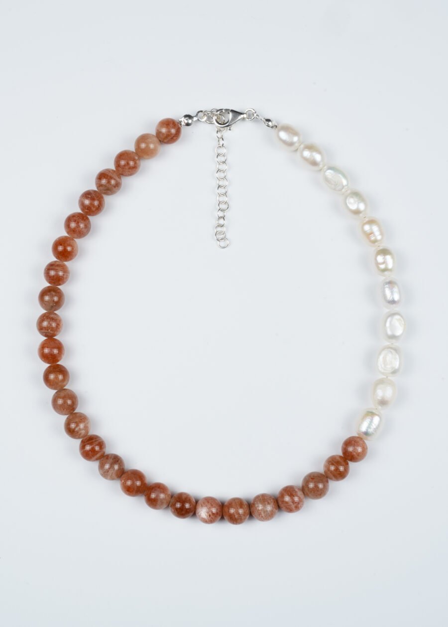 8mm Güneş Taşı & İnci Doğal Taş Gümüş Kolye