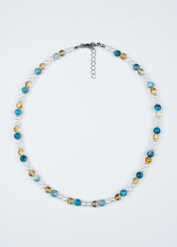 6mm Apatit & Sitrin & İnci Detaylı Doğal Taş Gümüş Kolye