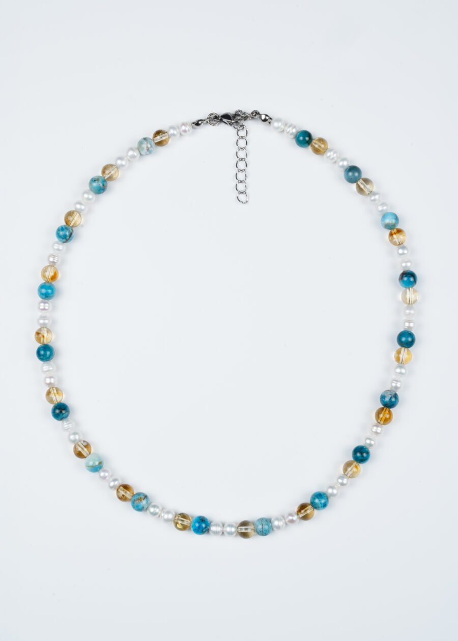 6mm Apatit & Sitrin & İnci Detaylı Doğal Taş Gümüş Kolye