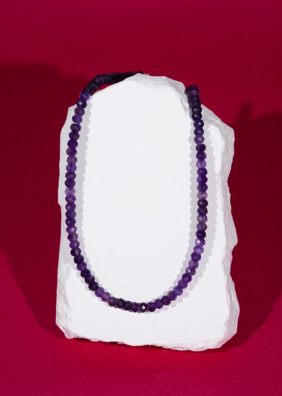 6mm Rondel Faset Kesim Ametist Doğal Taş Gümüş Kolye