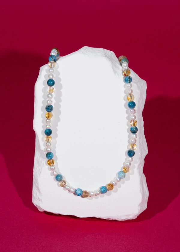 6mm Apatit & Sitrin & İnci Detaylı Doğal Taş Gümüş Kolye