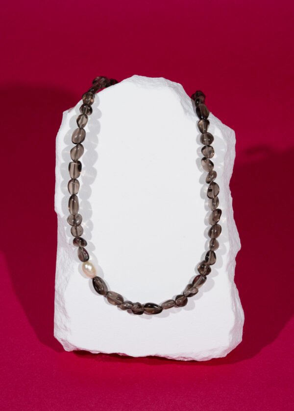 İnci Detaylı Dumanlı Kuvars Doğal Taş Kolye