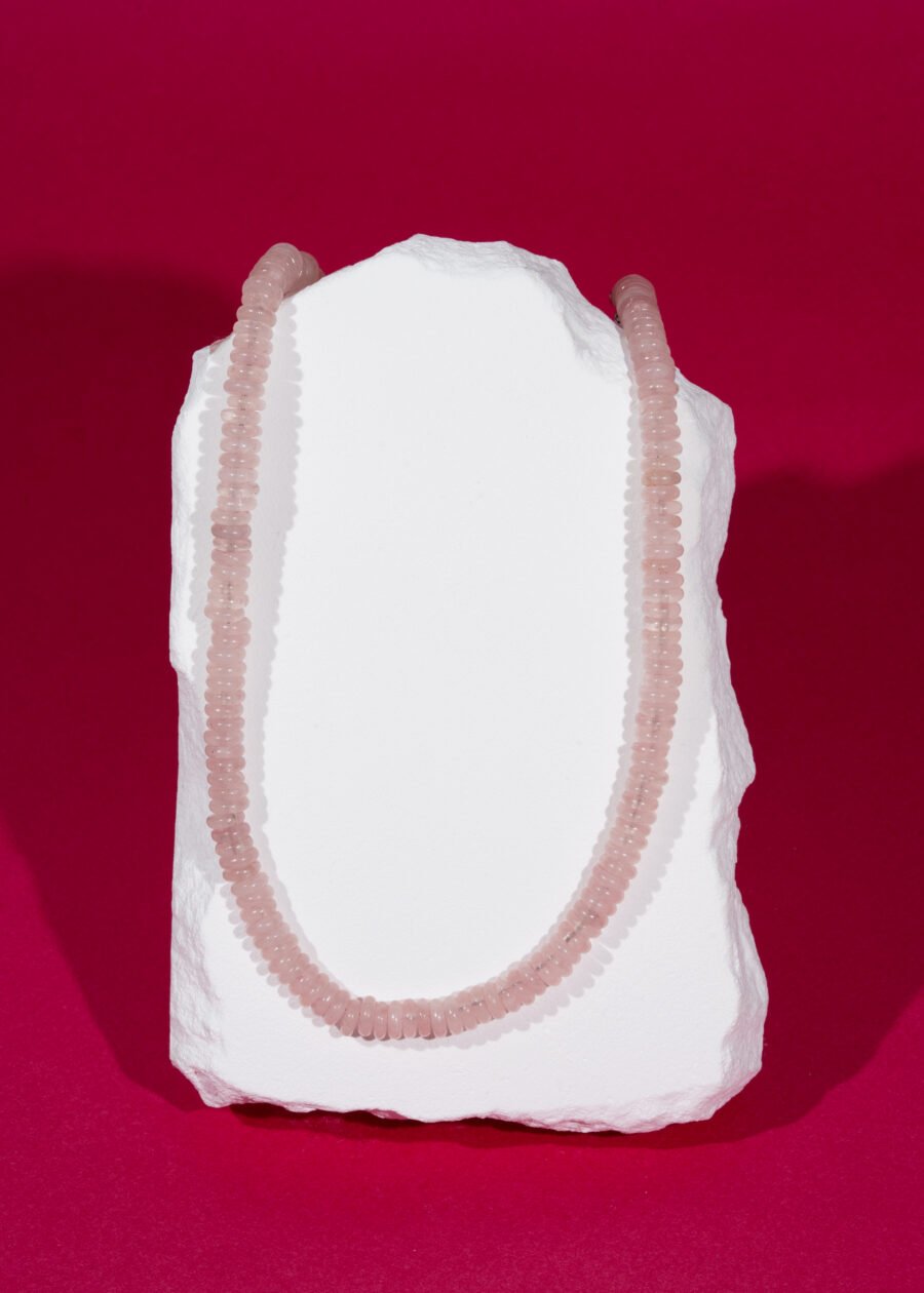 Rondel Kesim Pembe Kuvars Doğal Taş Gümüş Kolye