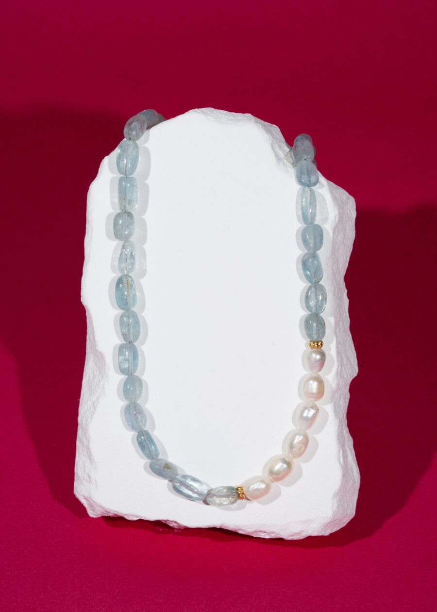 Akuamarin & İnci Doğal Taş Gümüş Kolye