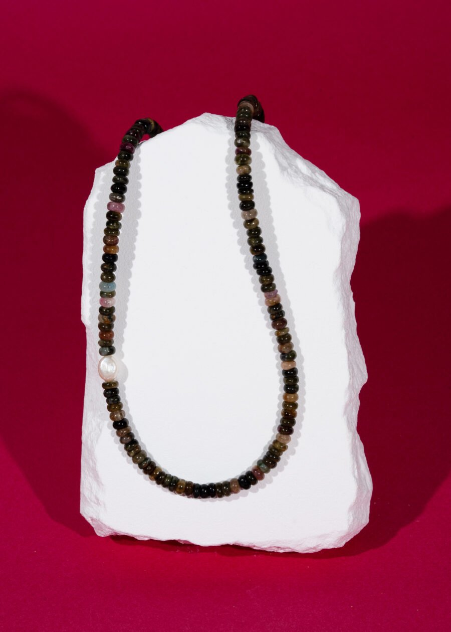 İnci Detaylı Rondel Kesim Turmalin Doğal Taş Gümüş Kolye İnci Detaylı Rondel Kesim Turmalin Doğal Taş Gümüş Kolye