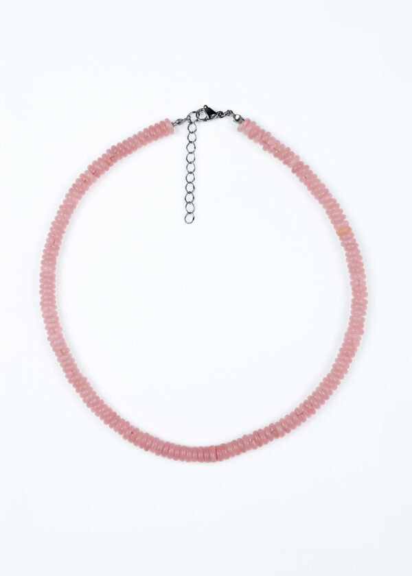 Rondel Kesim Pembe Kuvars Doğal Taş Gümüş Kolye