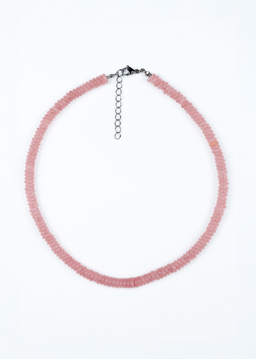 Rondel Kesim Pembe Kuvars Doğal Taş Gümüş Kolye