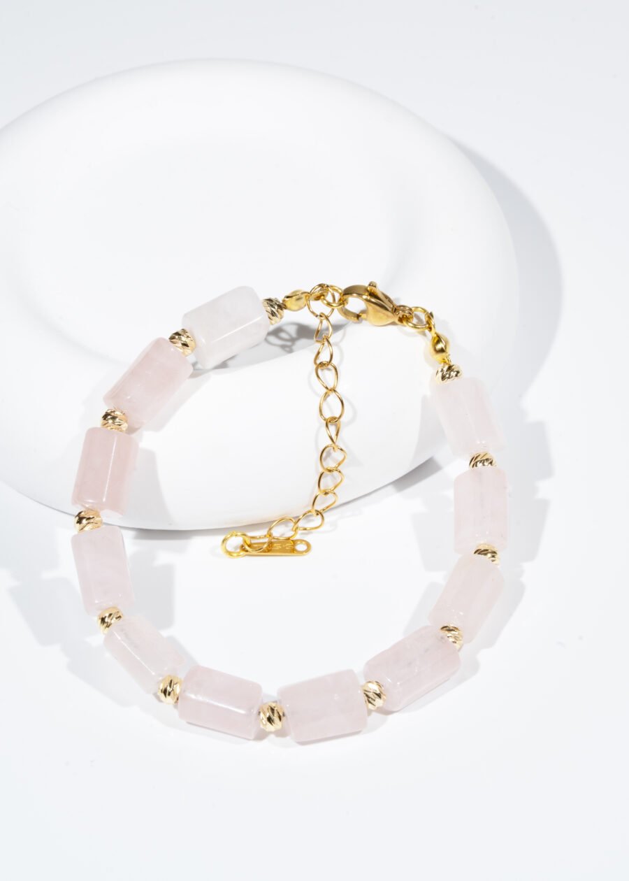 Silindir Kesim Pembe Kuvars Doğal Taş Bileklik