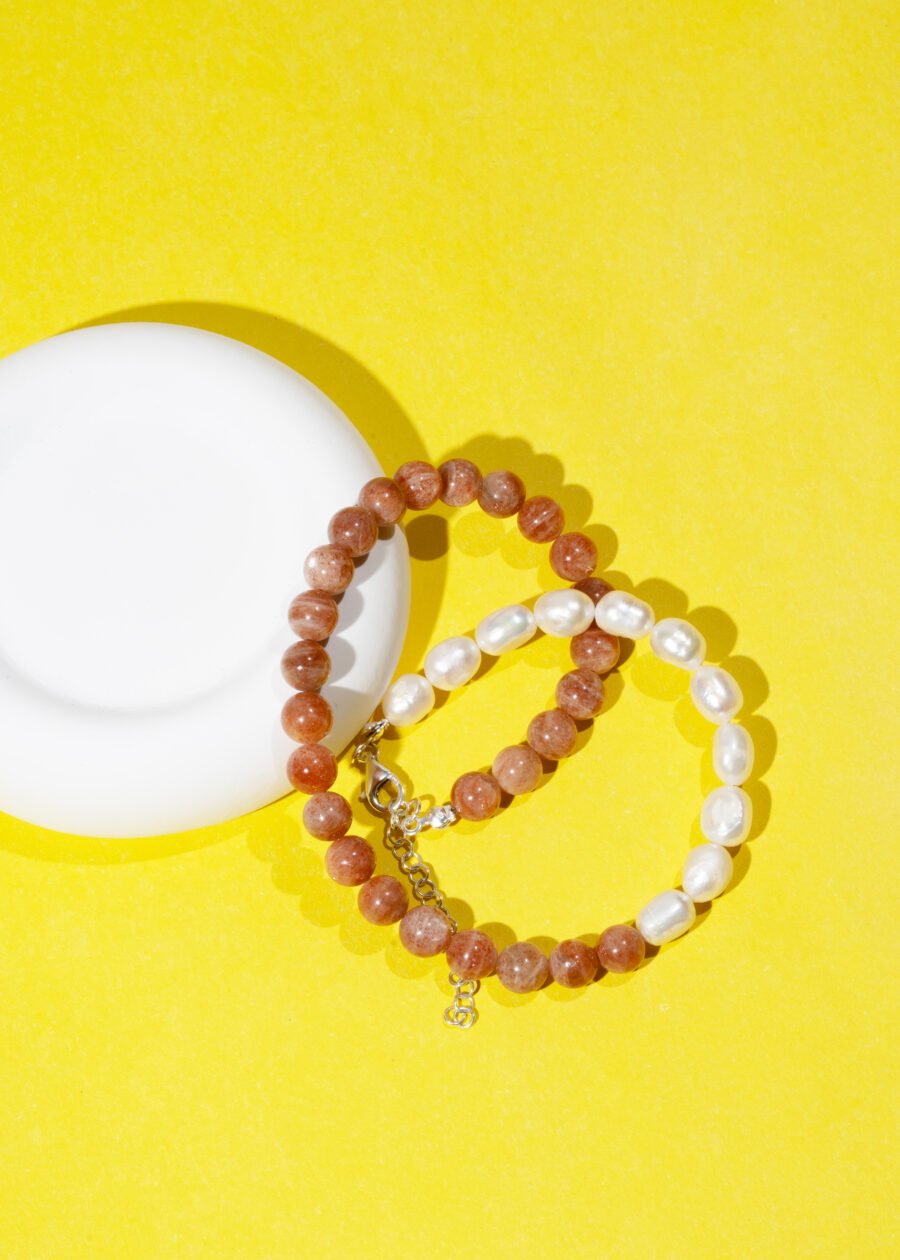 8mm Güneş Taşı & İnci Doğal Taş Gümüş Kolye