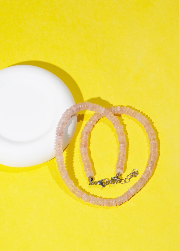 Rondel Kesim Pembe Kuvars Doğal Taş Gümüş Kolye