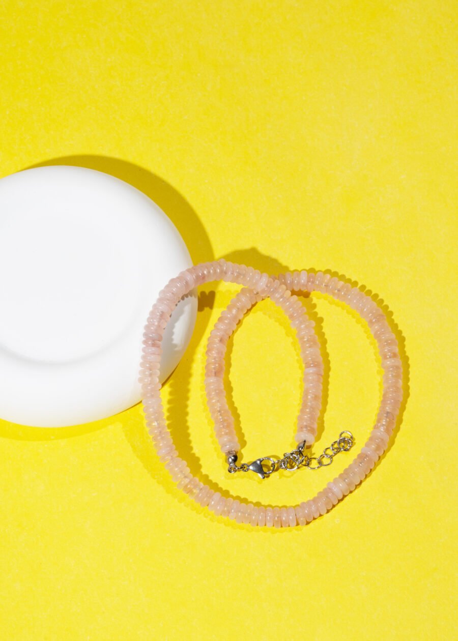 Rondel Kesim Pembe Kuvars Doğal Taş Gümüş Kolye