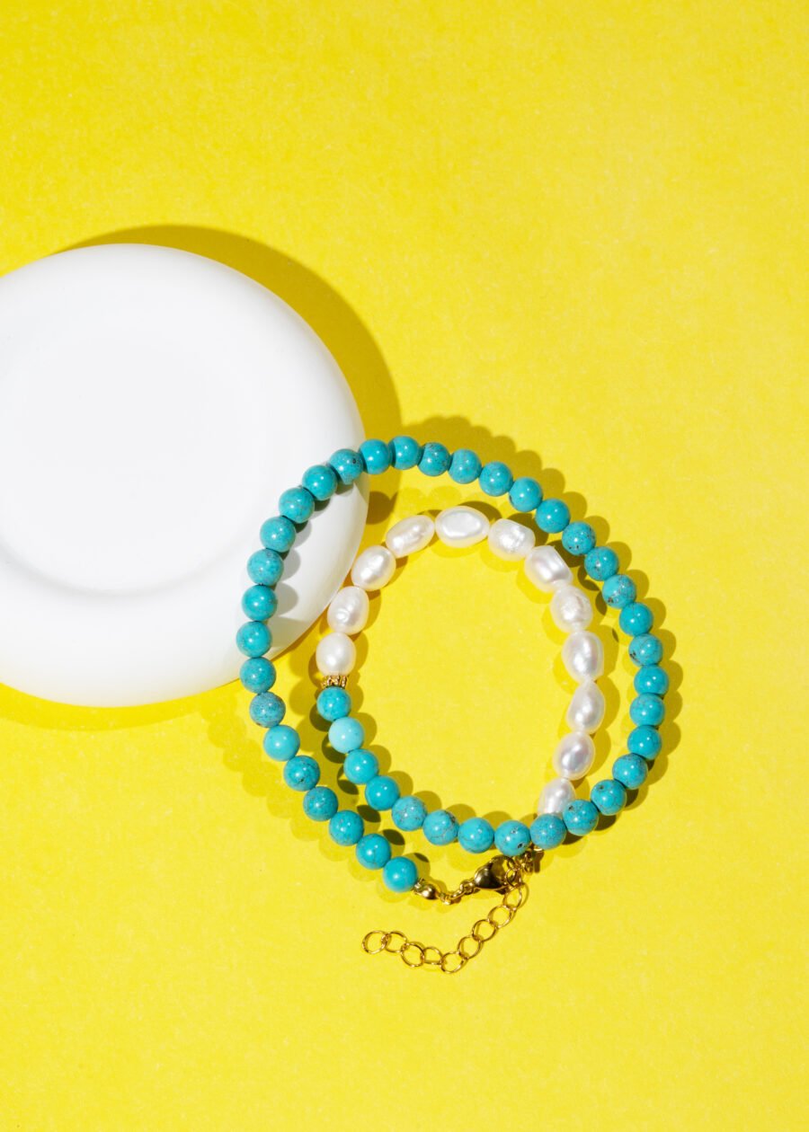 Turkuaz & İnci Doğal Taş Gümüş Kolye