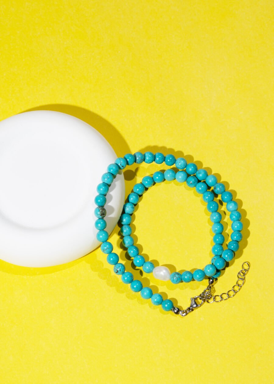 İnci Detaylı Turkuaz Doğal Taş Gümüş Kolye