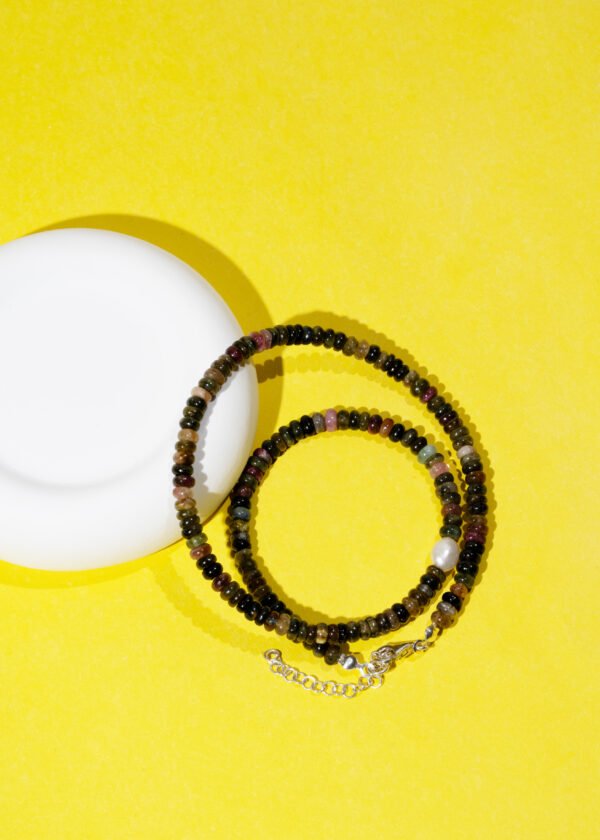 İnci Detaylı Rondel Kesim Turmalin Doğal Taş Gümüş Kolye