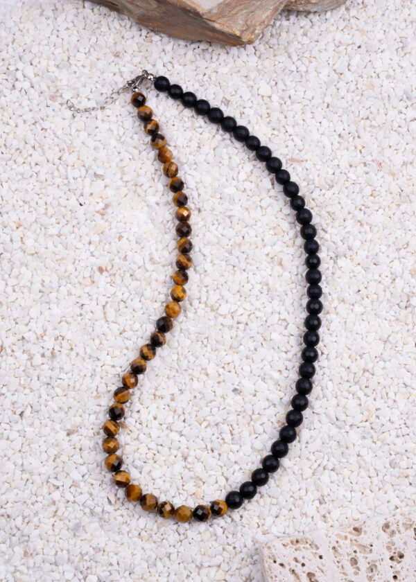 8mm Faset Kesim Kaplan Gözü & Oniks Doğal Taş Gümüş Kolye