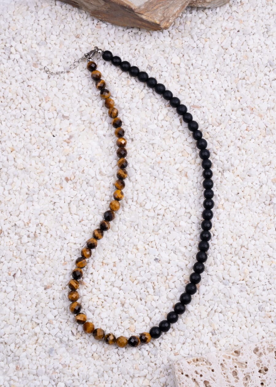 8mm Faset Kesim Kaplan Gözü & Oniks Doğal Taş Gümüş Kolye