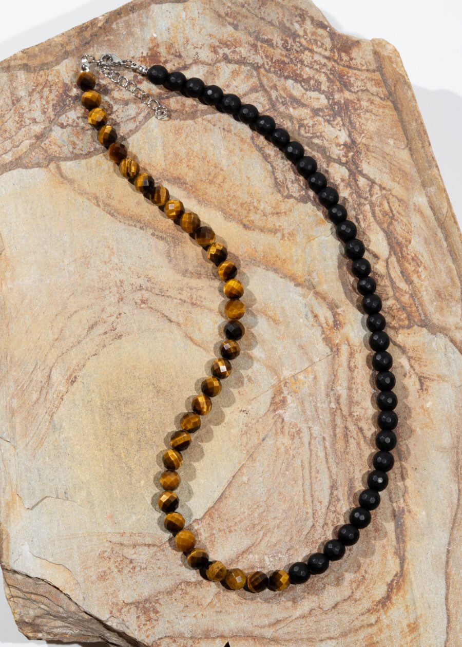 8mm Faset Kesim Kaplan Gözü & Oniks Doğal Taş Gümüş Kolye