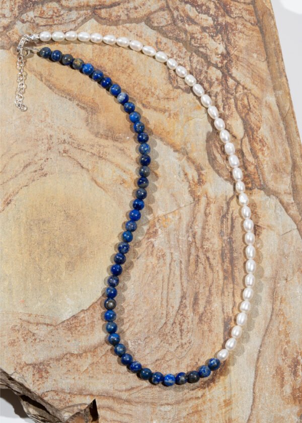 6mm Lapis Lazuli & İnci Doğal Taş Gümüş Kolye
