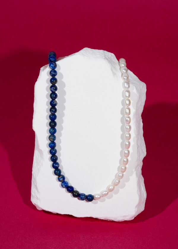 6mm Lapis Lazuli & İnci Doğal Taş Gümüş Kolye