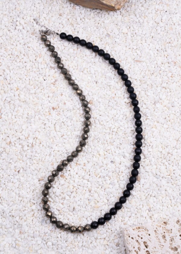 8mm Faset Kesim Pirit & Oniks Doğal Taş Gümüş Kolye