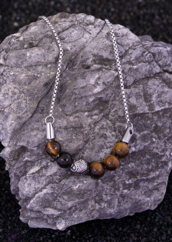 Çelik Top Detaylı Kaplan Gözü Doğal Taş Premium 316L Çelik Kolye