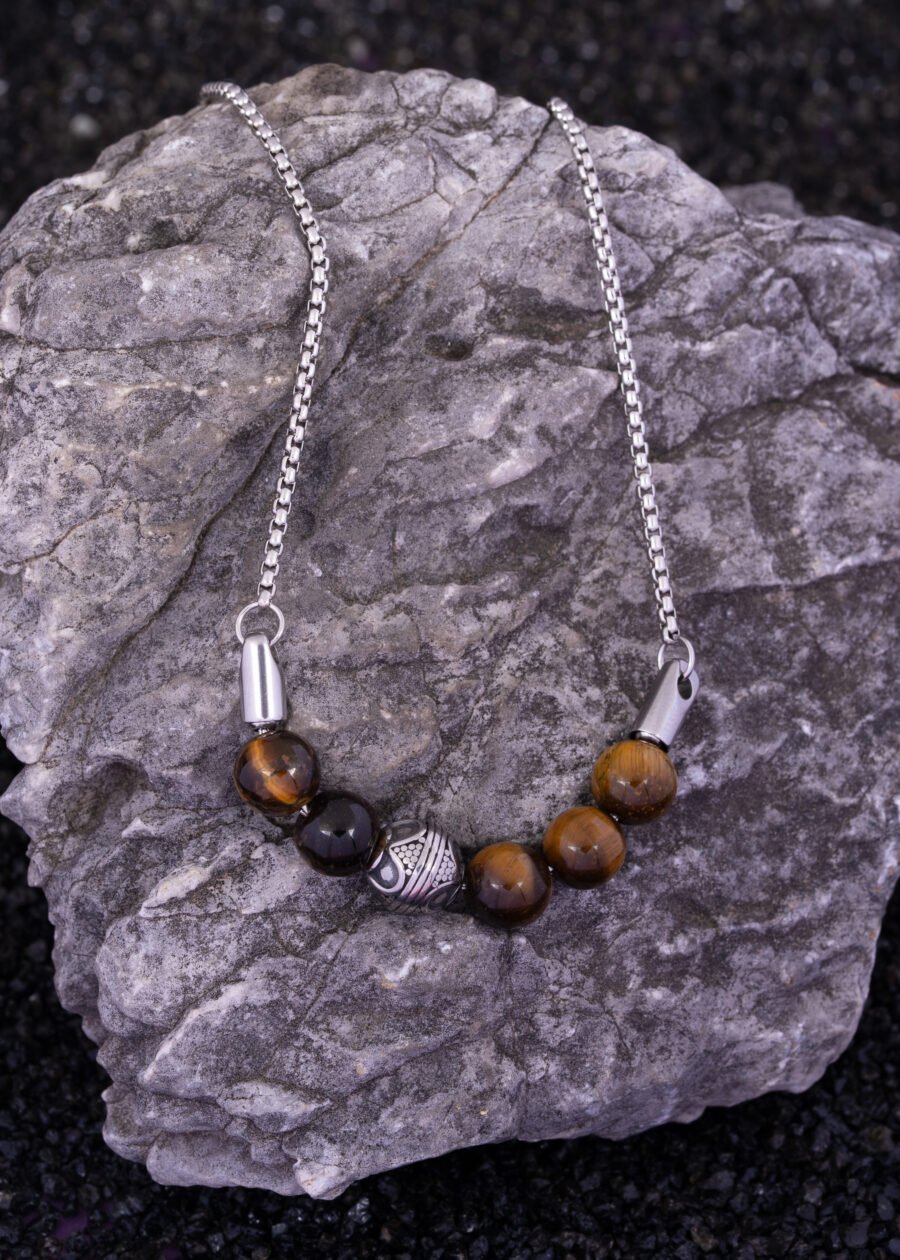 Çelik Top Detaylı Kaplan Gözü Doğal Taş Premium 316L Çelik Kolye