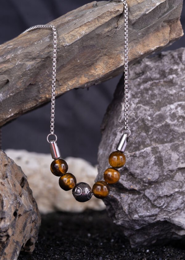 Çelik Top Detaylı Kaplan Gözü Doğal Taş Premium 316L Çelik Kolye - Görsel 2