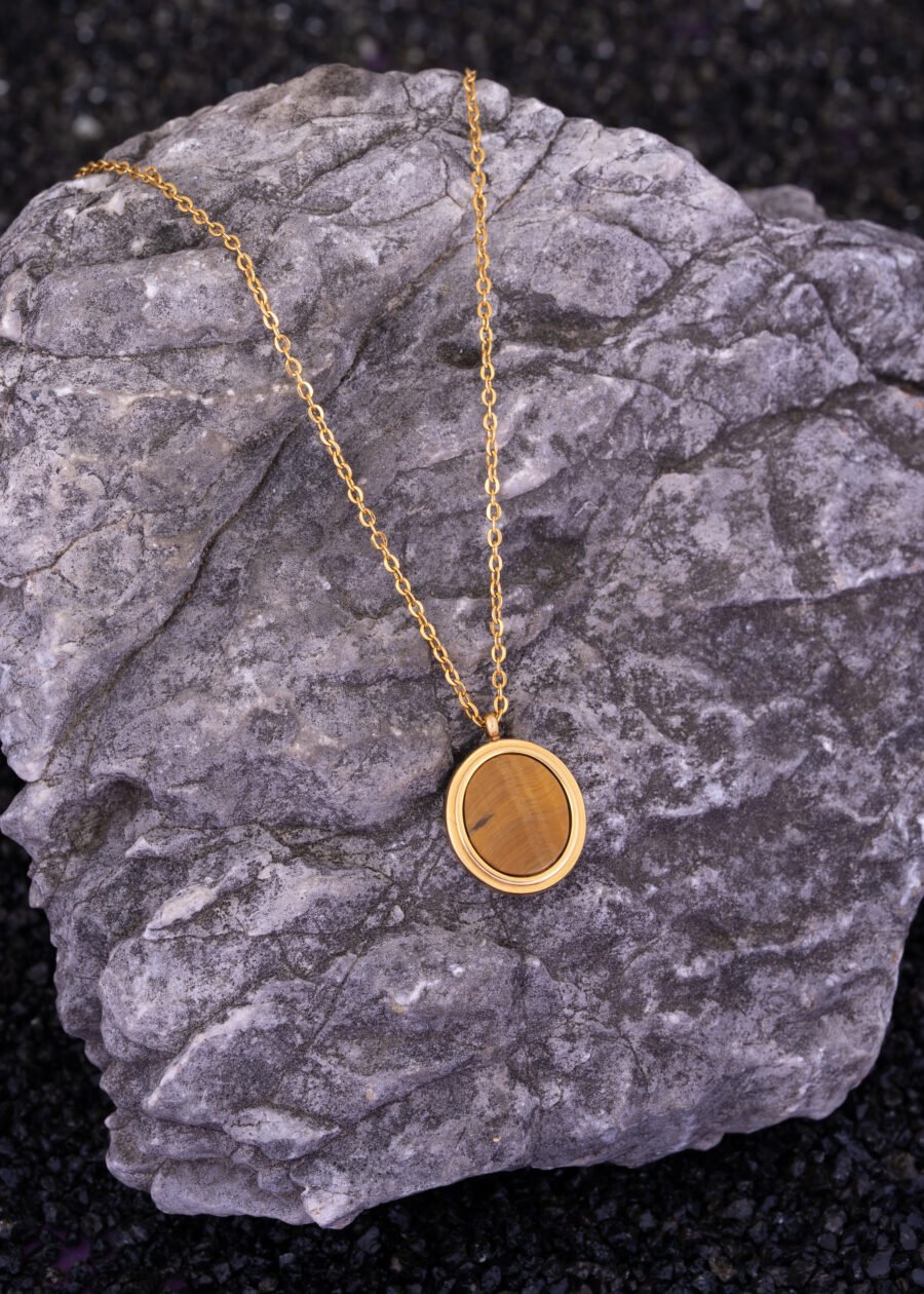 Oval Form Kaplan Gözü Doğal Taş Premium 316L Çelik Altın Kaplama Kolye