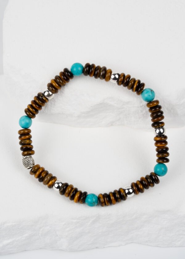 Rondel Kesim Kaplan Gözü & Turkuaz & Hematit Doğal Taş Bileklik