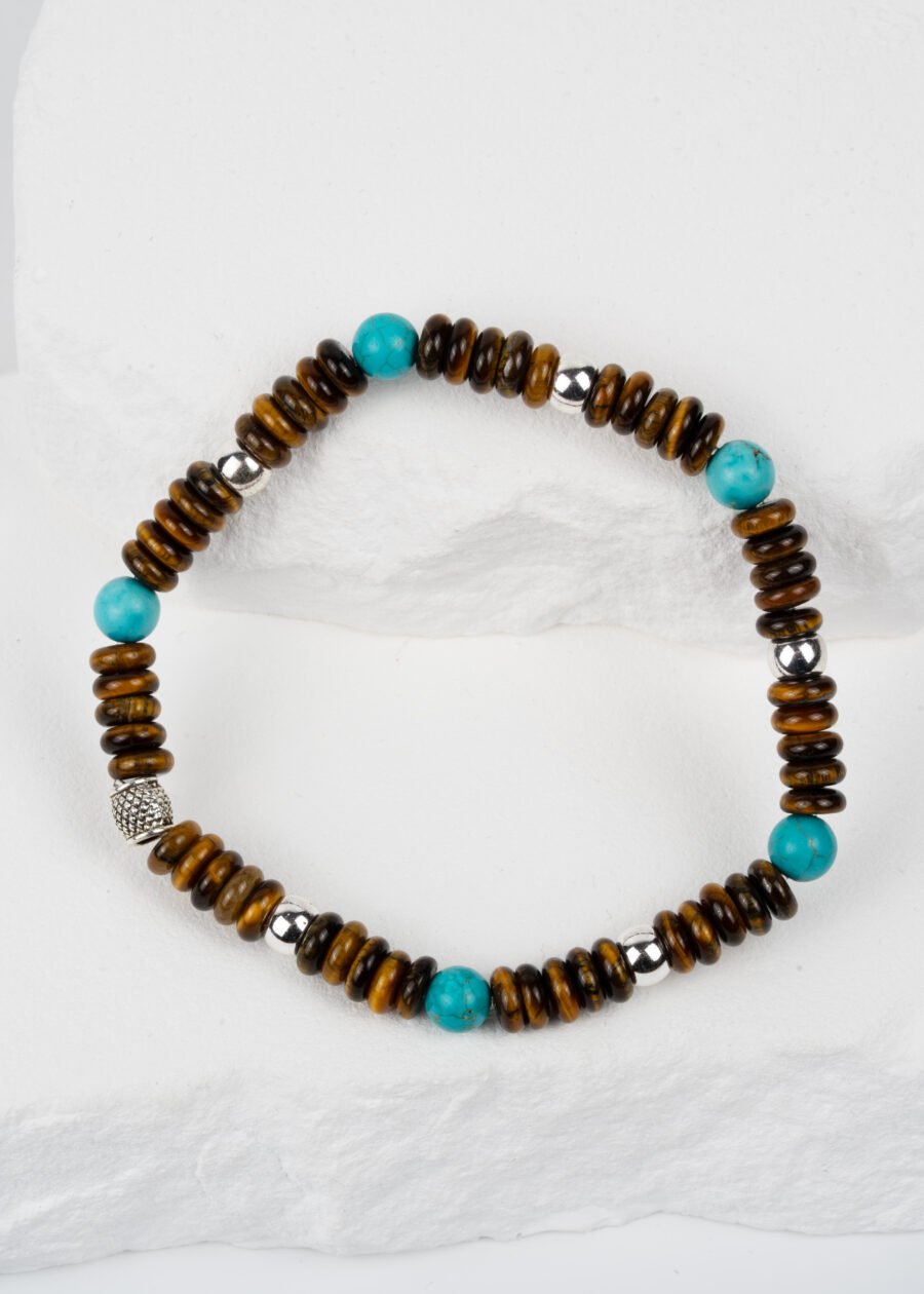Rondel Kesim Kaplan Gözü & Turkuaz & Hematit Doğal Taş Bileklik